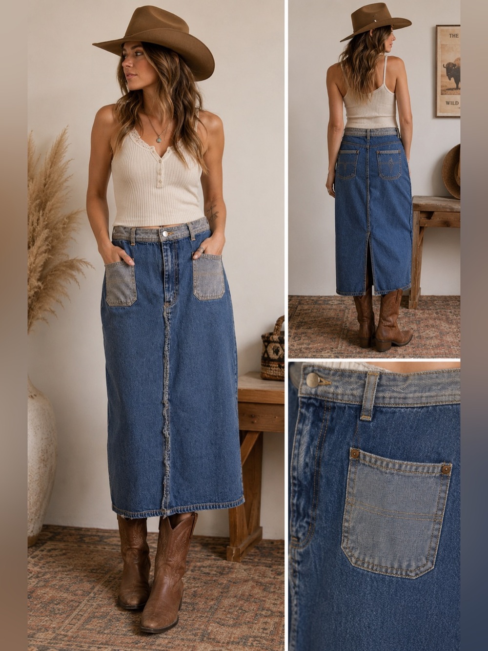 Vintage Y2K Jean Skirt XL Denim Long Midi Skirt Straight Western Boho Cowgirl